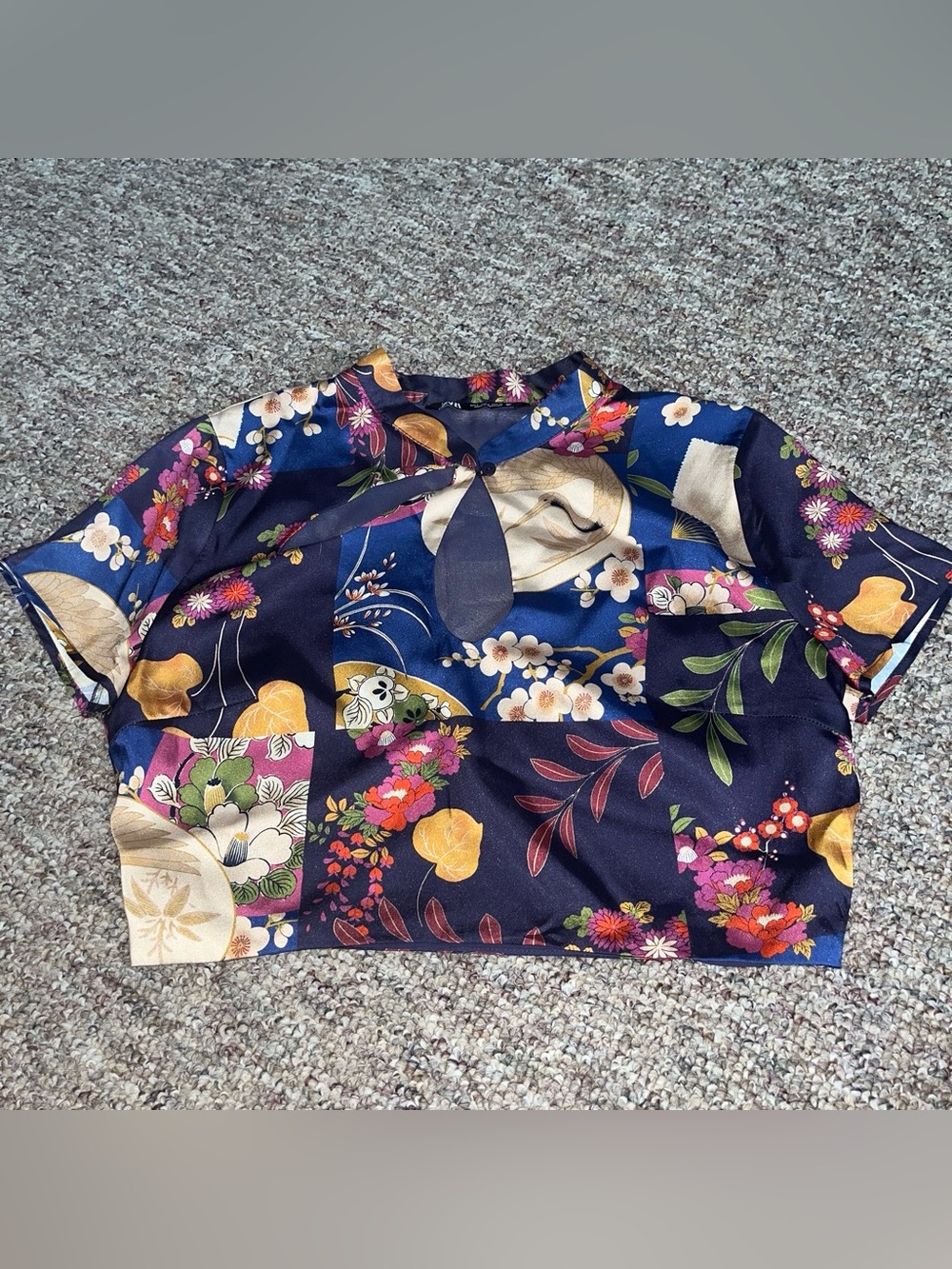 Zara Navy Floral Satin Crop Top with Multicolor Blooms